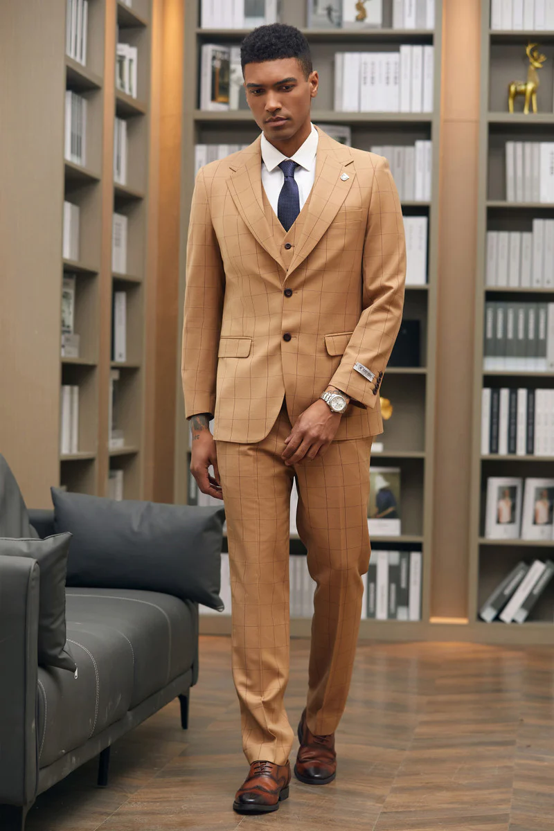 Men's Stacy Adam's Two Button Wide Notch Lapel Vested Suit in Light Rust Windowpane Plaid - Image 2