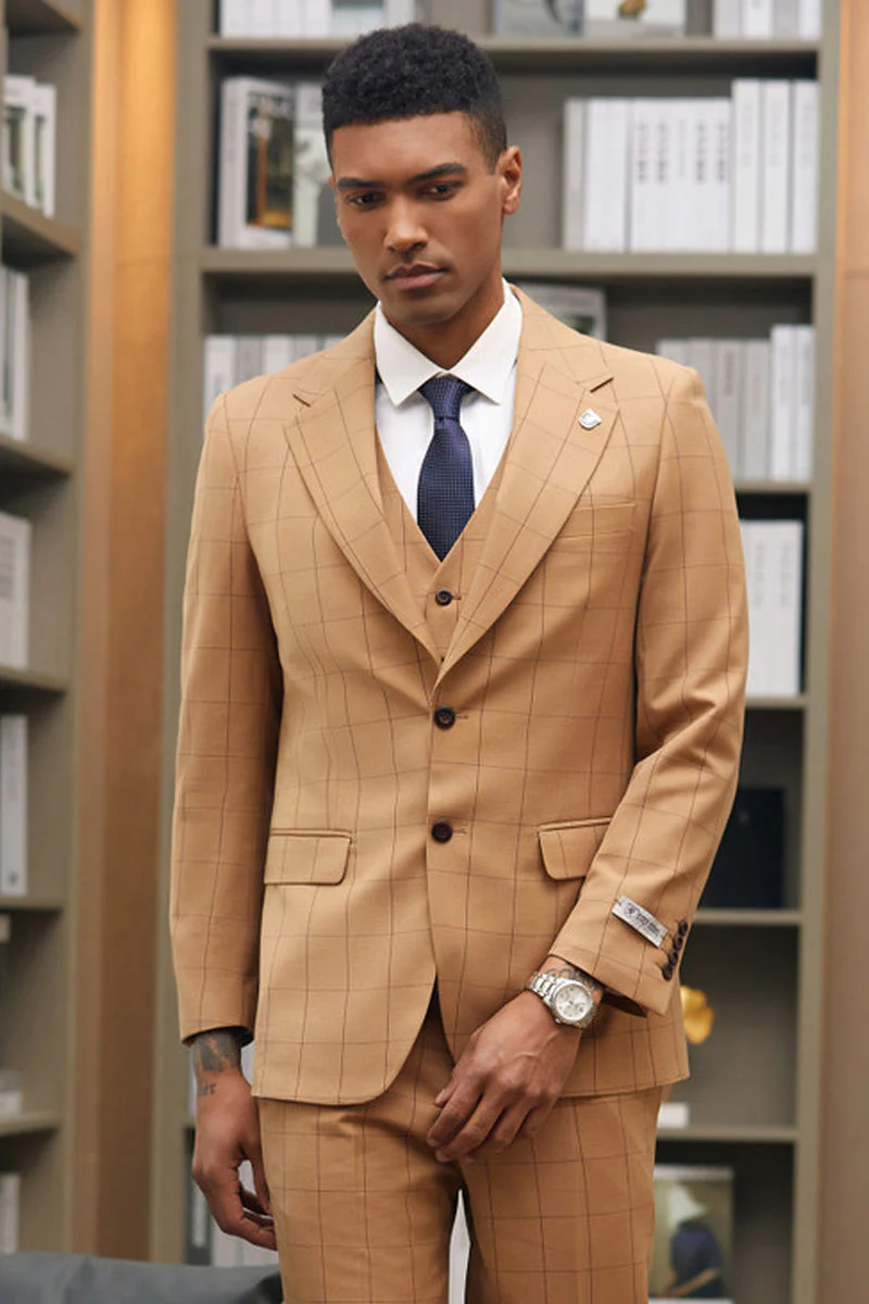 Men's Stacy Adam's Two Button Wide Notch Lapel Vested Suit in Light Rust Windowpane Plaid | CLOSE OUT 40R
