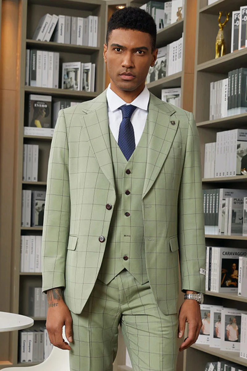Men's Stacy Adam's Two Button Wide Notch Lapel Vested Suit in Sage Green Windowpane Plaid
