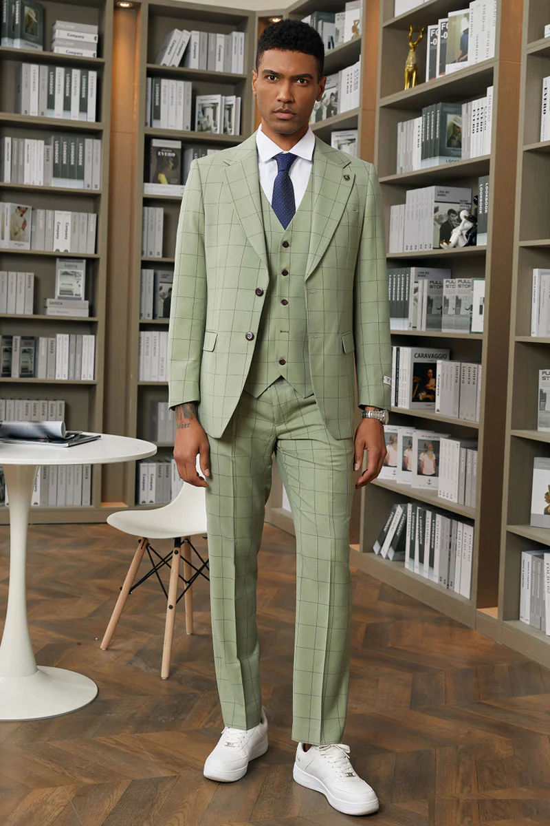 Men's Stacy Adam's Two Button Wide Notch Lapel Vested Suit in Sage Green Windowpane Plaid - Image 2