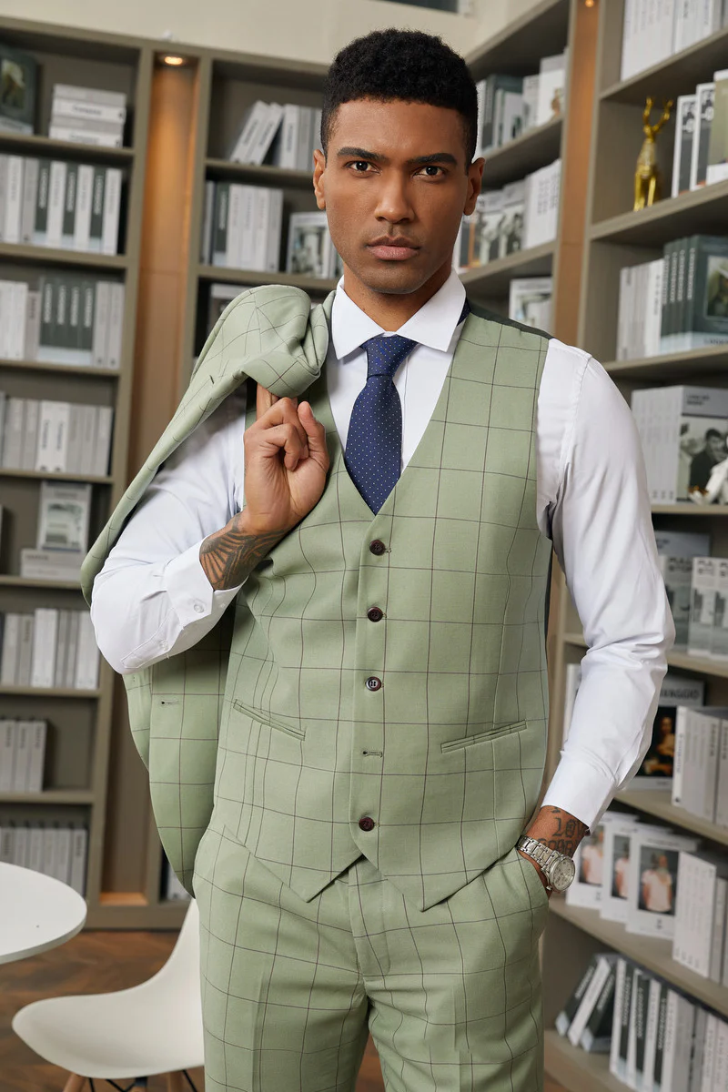 Men's Stacy Adam's Two Button Wide Notch Lapel Vested Suit in Sage Green Windowpane Plaid - Image 3