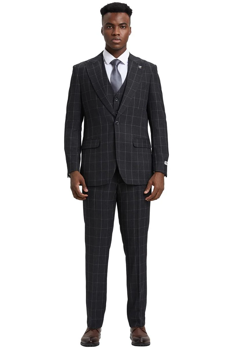 Men's Stacy Adams Vest Classic Bold Windowpane Suit in Dark Charcoal Grey - Image 2