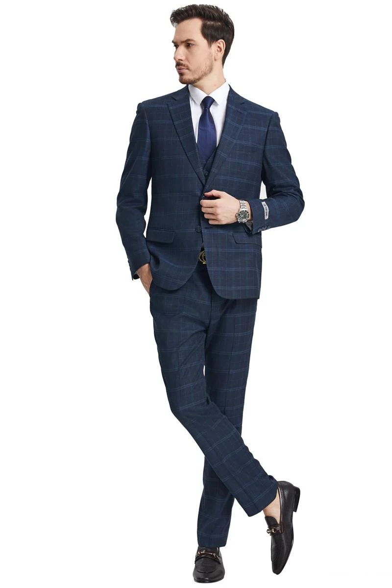 Men's Stacy Adams Vested Modern Fit Windowpane Plaid Suit in Navy Blue - Image 2
