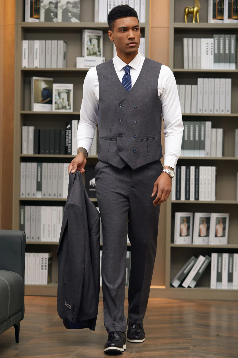 Men's Stacy Adams Vested One Button Peak Lapel Designer Suit in Charcoal Grey - Image 3