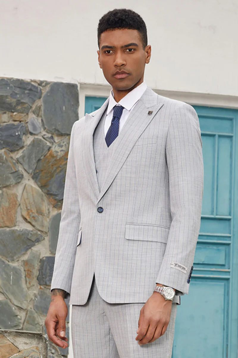 Men's Stacy Adams Vested One Button Peak Lapel Designer Suit in Light Grey Pinstripe