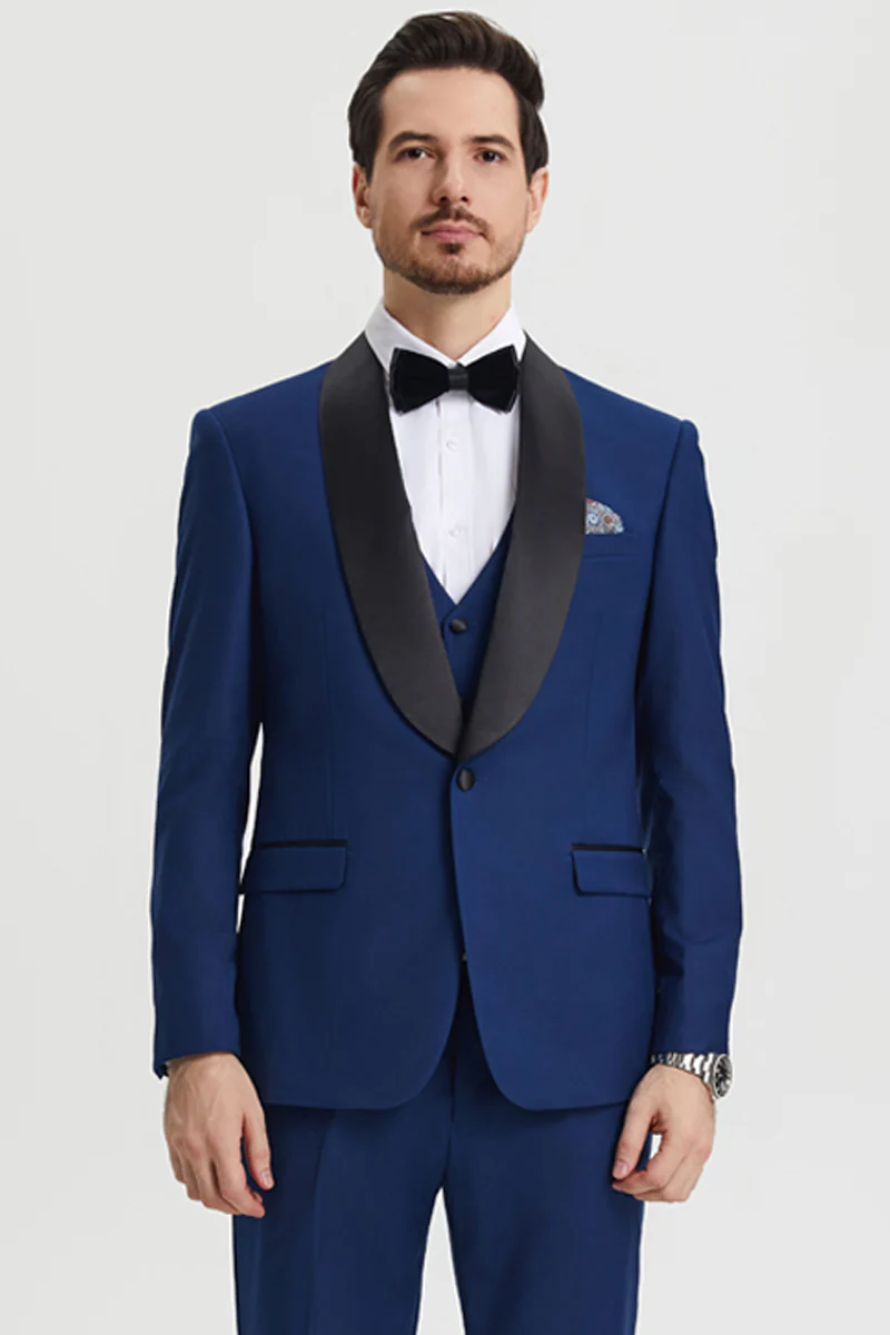 Men's Stacy Adams Vested One Button Shawl Lapel Designer Tuxedo in Indigo Blue