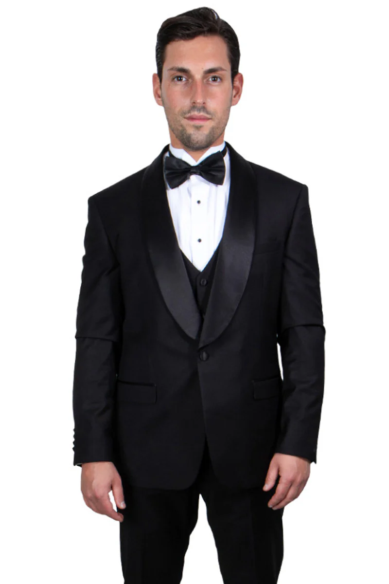 Men's Stacy Adams Vested One Button Shawl Lapel Tuxedo in Black