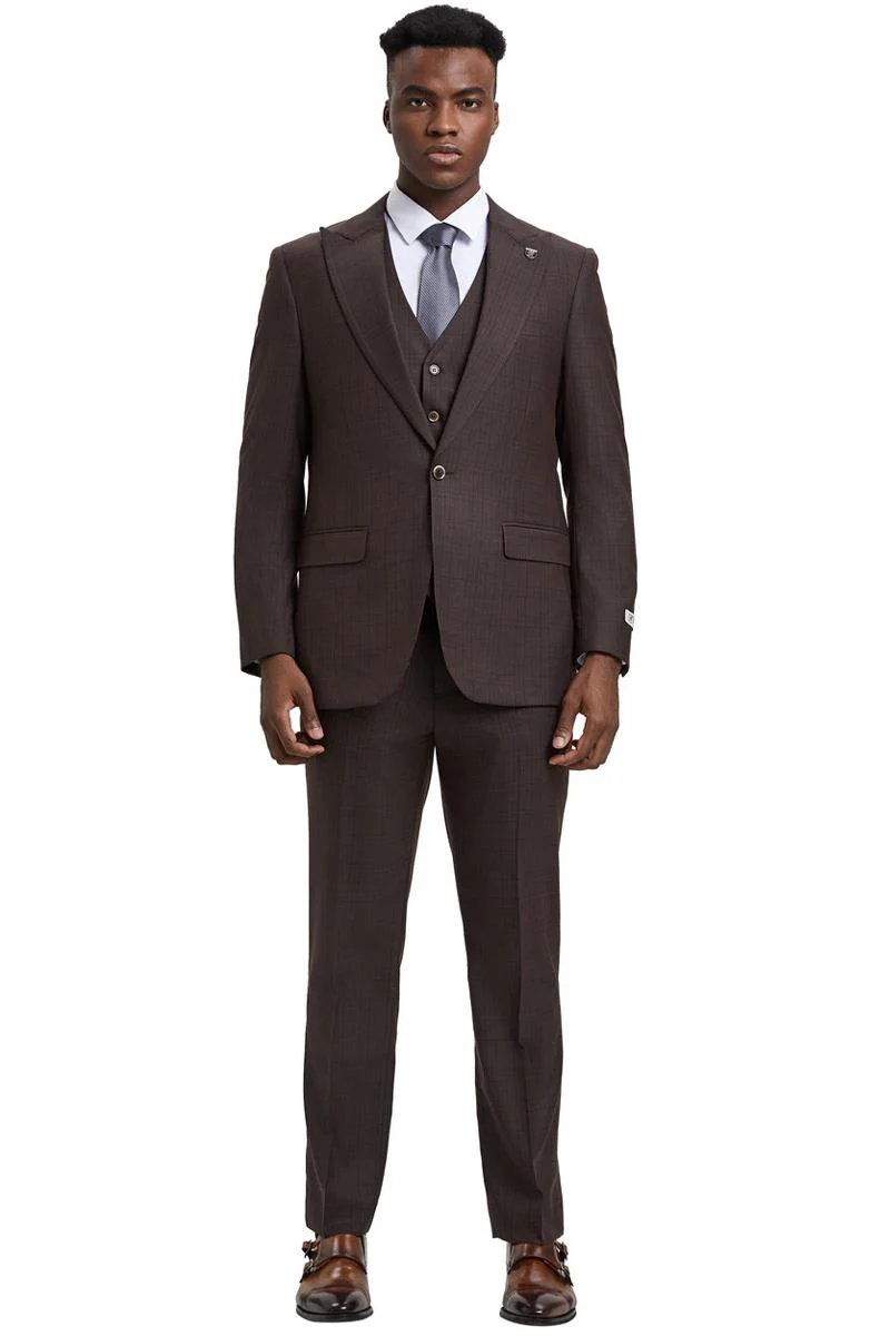 Men's Stacy Adams Vested One Button Wide Peak Lapel Windowpane Plaid Suit in Brown - Image 2