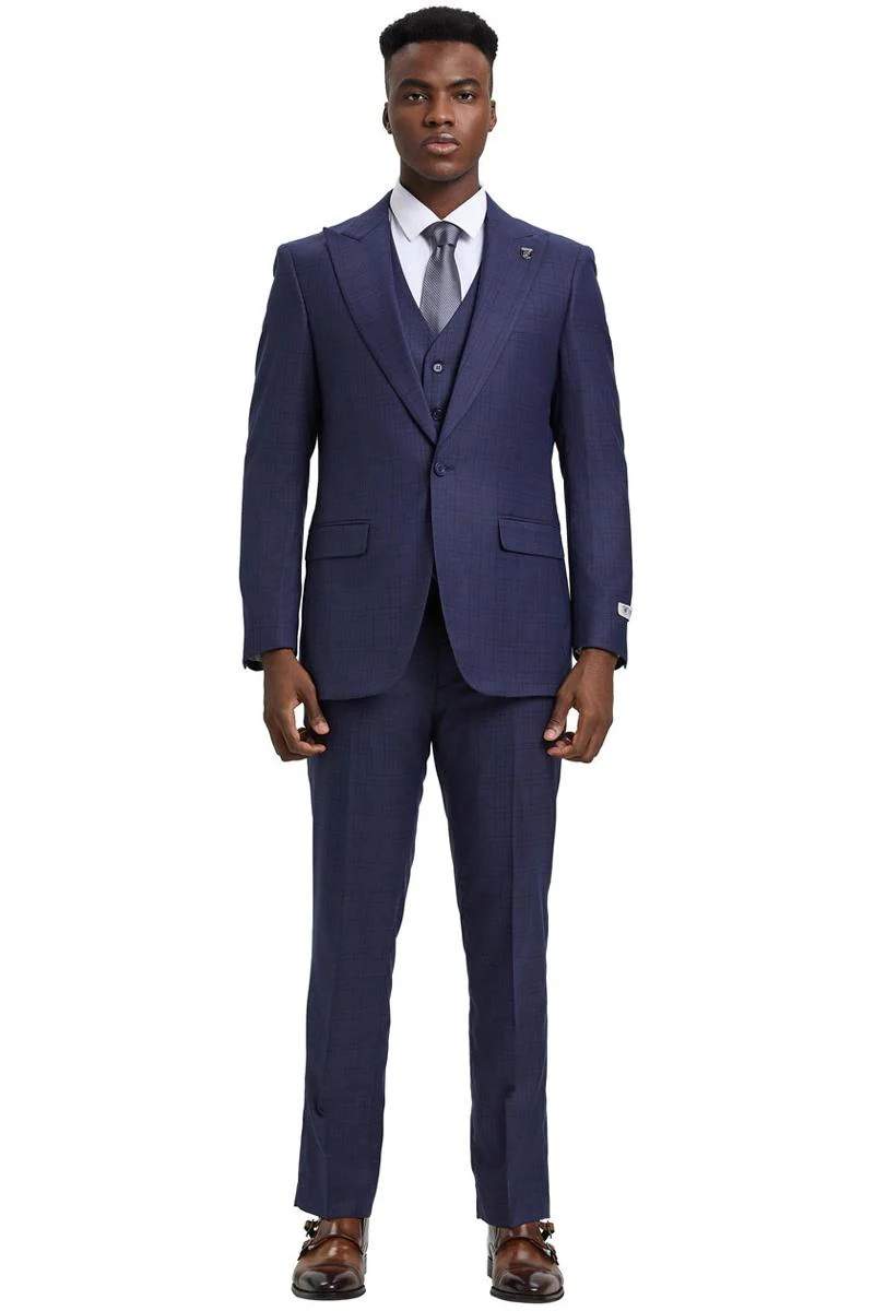 Men's Stacy Adams Vested One Button Wide Peak Lapel Windowpane Plaid Suit in Eggplant Purple - Image 2