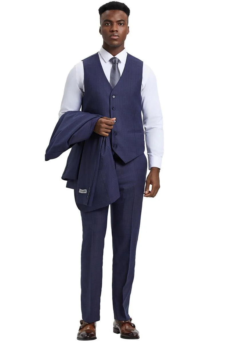 Men's Stacy Adams Vested One Button Wide Peak Lapel Windowpane Plaid Suit in Eggplant Purple - Image 3