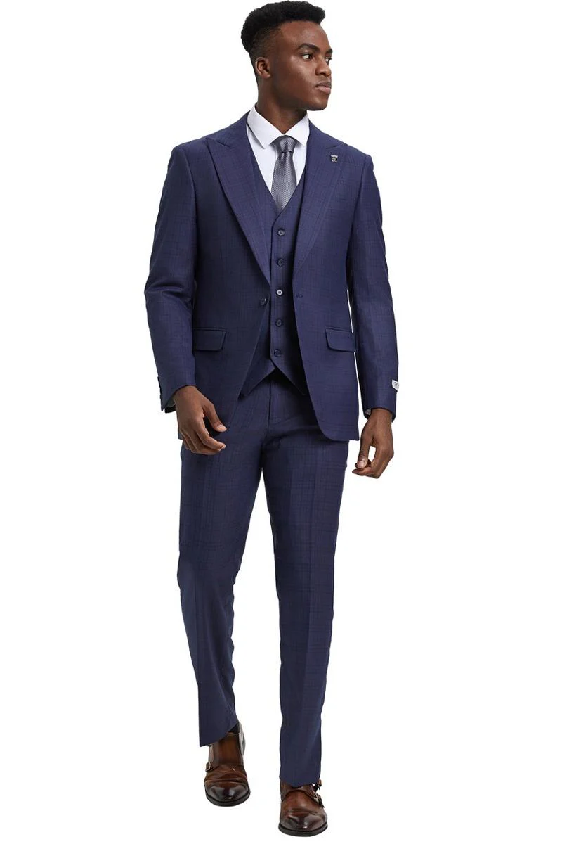 Men's Stacy Adams Vested One Button Wide Peak Lapel Windowpane Plaid Suit in Eggplant Purple - Image 5