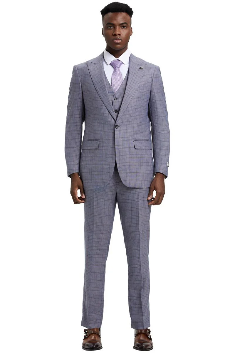 Men's Stacy Adams Vested One Button Wide Peak Lapel Windowpane Plaid Suit in Light Grey - Image 2