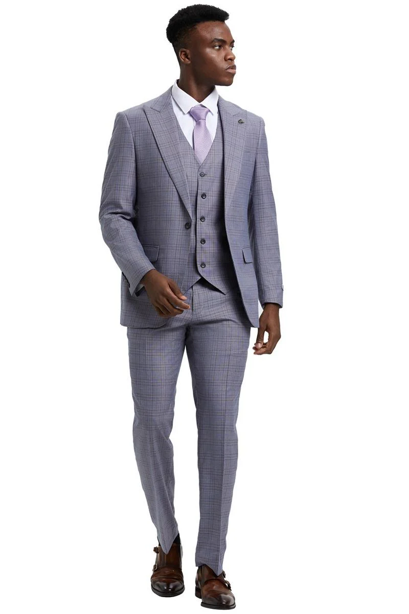 Men's Stacy Adams Vested One Button Wide Peak Lapel Windowpane Plaid Suit in Light Grey - Image 3