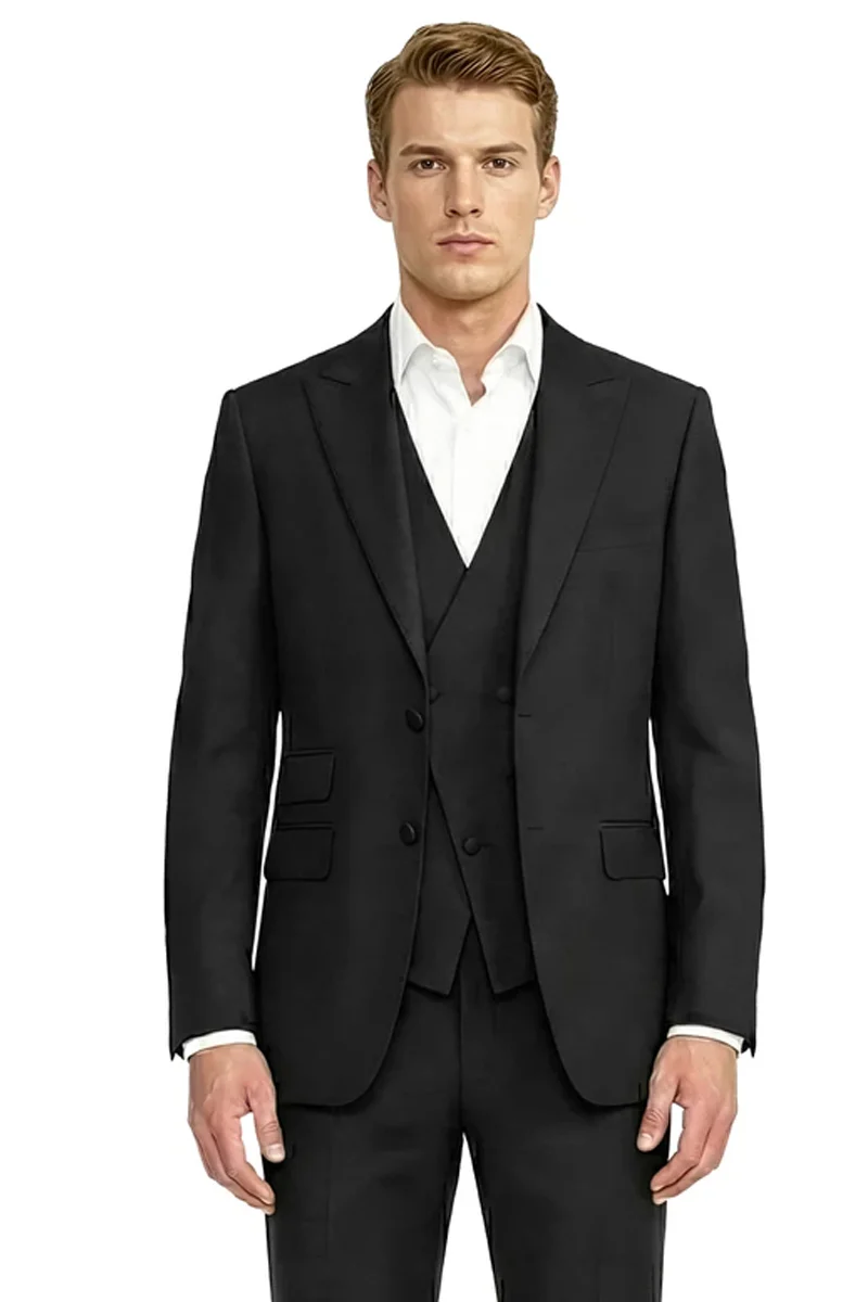 Men's Stacy Adams Peak Lapel Flared Pant and Double Breasted Vest Tuxedo in Black