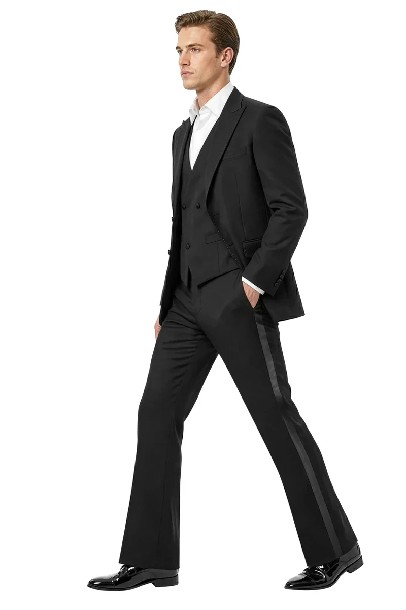 Men's Stacy Adams Peak Lapel Flared Pant and Double Breasted Vest Tuxedo in Black - Image 2