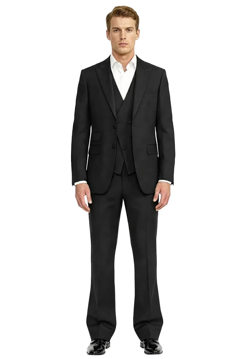 Men's Stacy Adams Peak Lapel Flared Pant and Double Breasted Vest Tuxedo in Black - Image 3