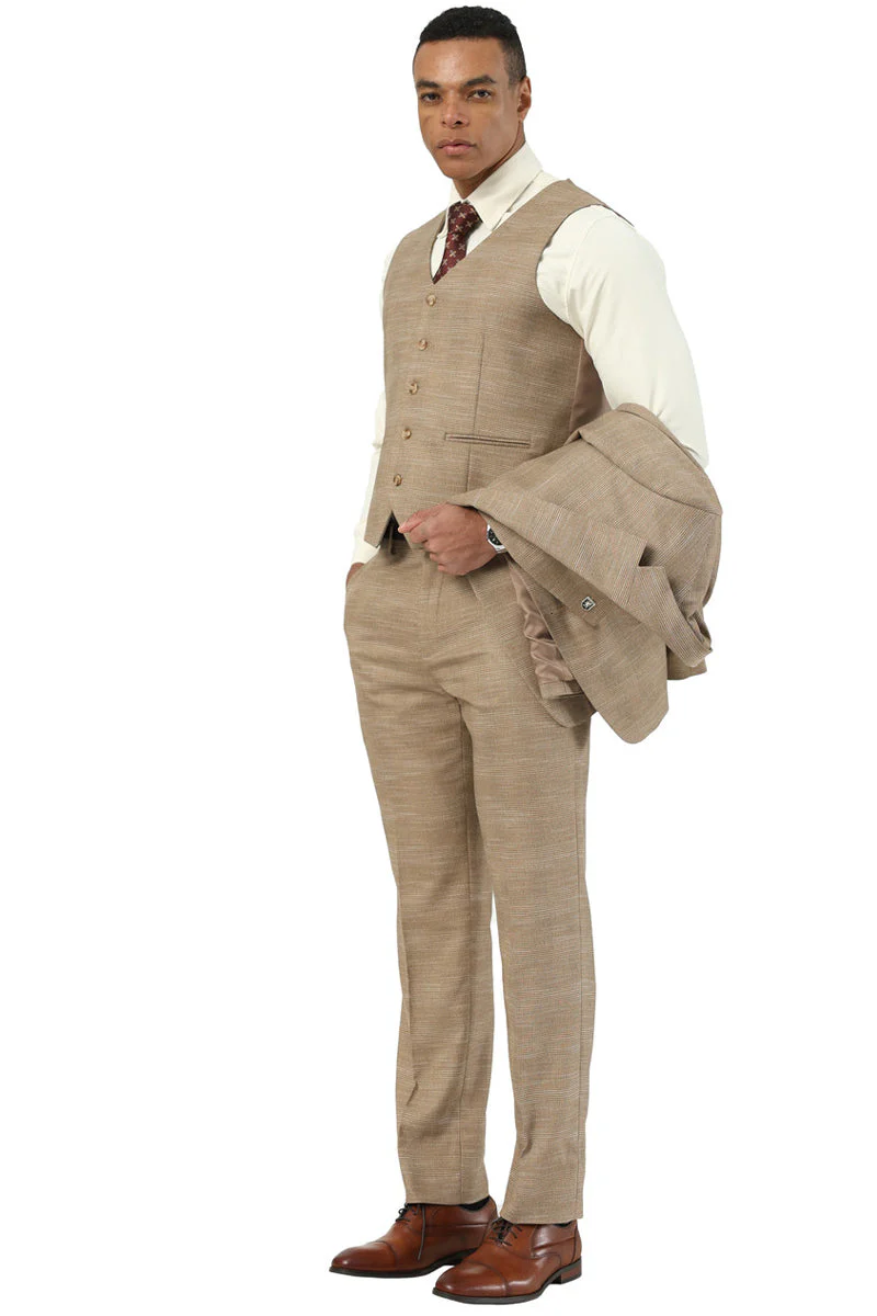 Men's Stacy Adams Vested Sharkskin Pattern Business Suit in Tan - Image 3