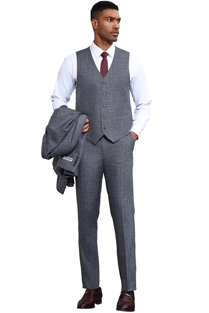 Men's Stacy Adams Vested Sharkskin Weave Pattern Suit in Grey - Image 4