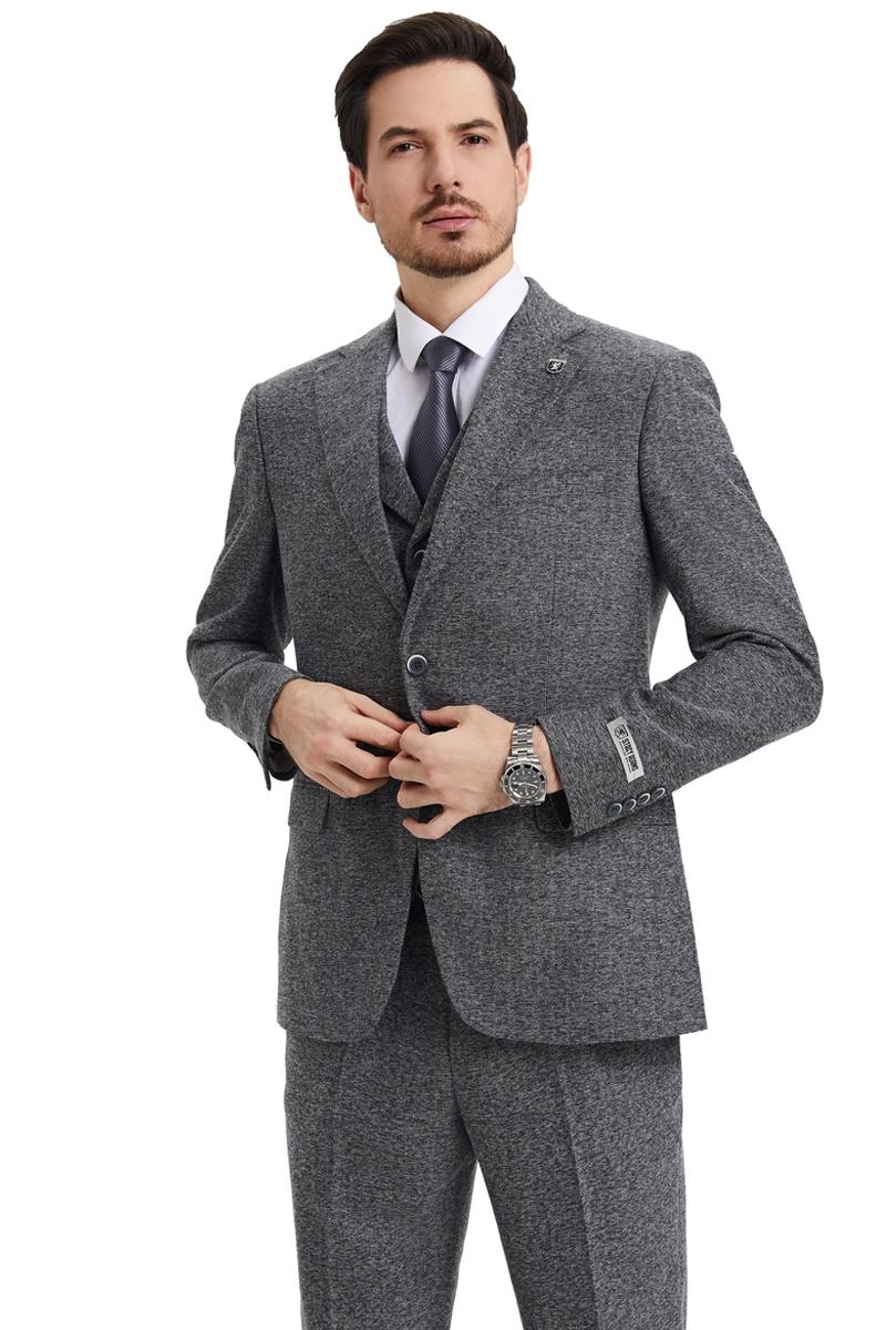 Men's Stacy Adams Vested Vintage Herringbone Tweed Suit in Grey - Image 3