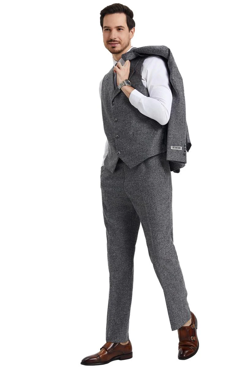 Men's Stacy Adams Vested Vintage Herringbone Tweed Suit in Grey - Image 4