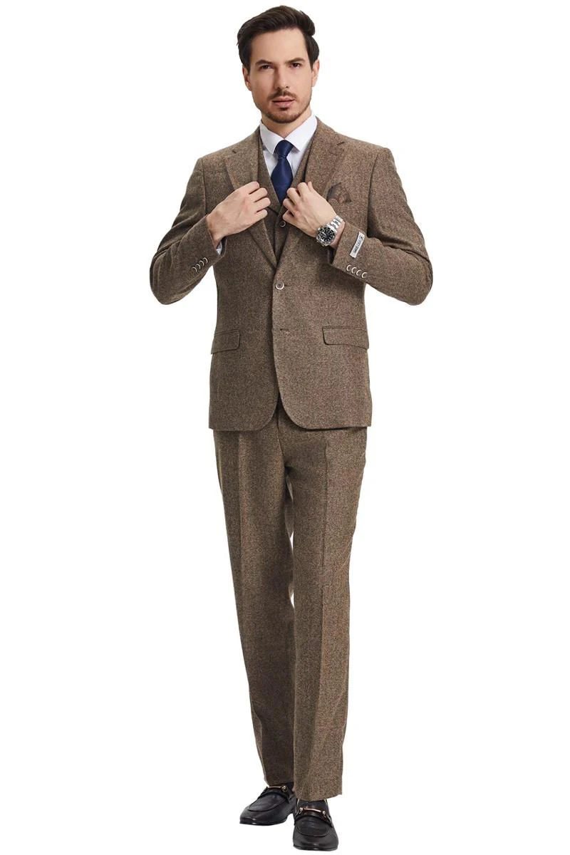 Men's Stacy Adams Vested Vintage Herringbone Tweed Suit in Light Brown - Image 2