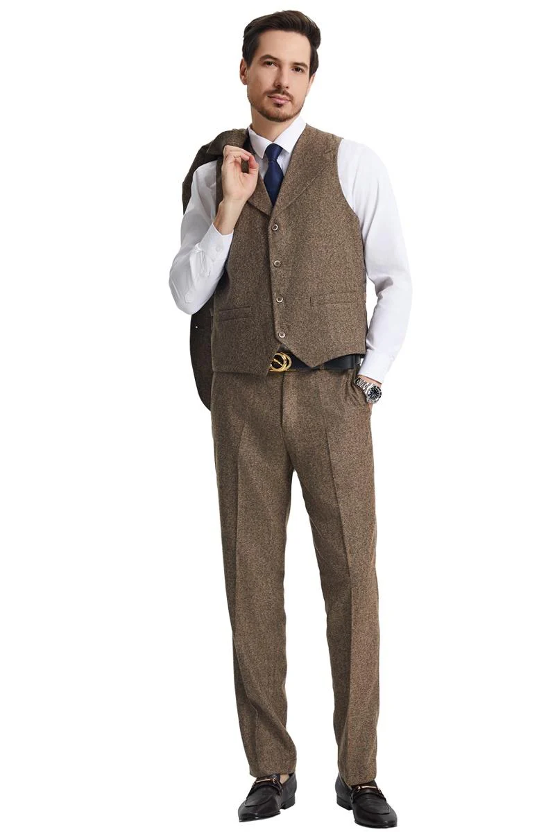 Men's Stacy Adams Vested Vintage Herringbone Tweed Suit in Light Brown - Image 3