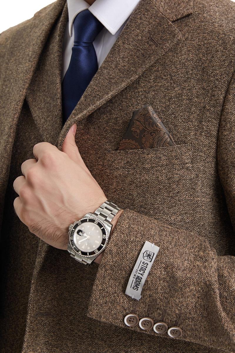 Men's Stacy Adams Vested Vintage Herringbone Tweed Suit in Light Brown - Image 4