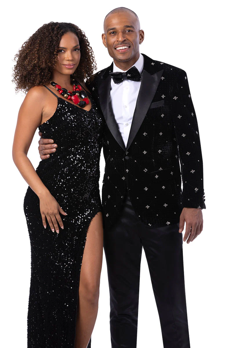 Mens Star Embroidered Velvet Prom & Wedding Tuxedo in Black