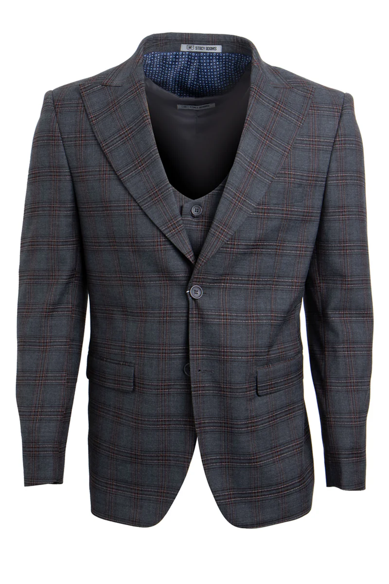Men's Stacy Adams Two Button Vested Peak Lapel Plaid Suit in Charcoal Grey Windowpane - Image 2