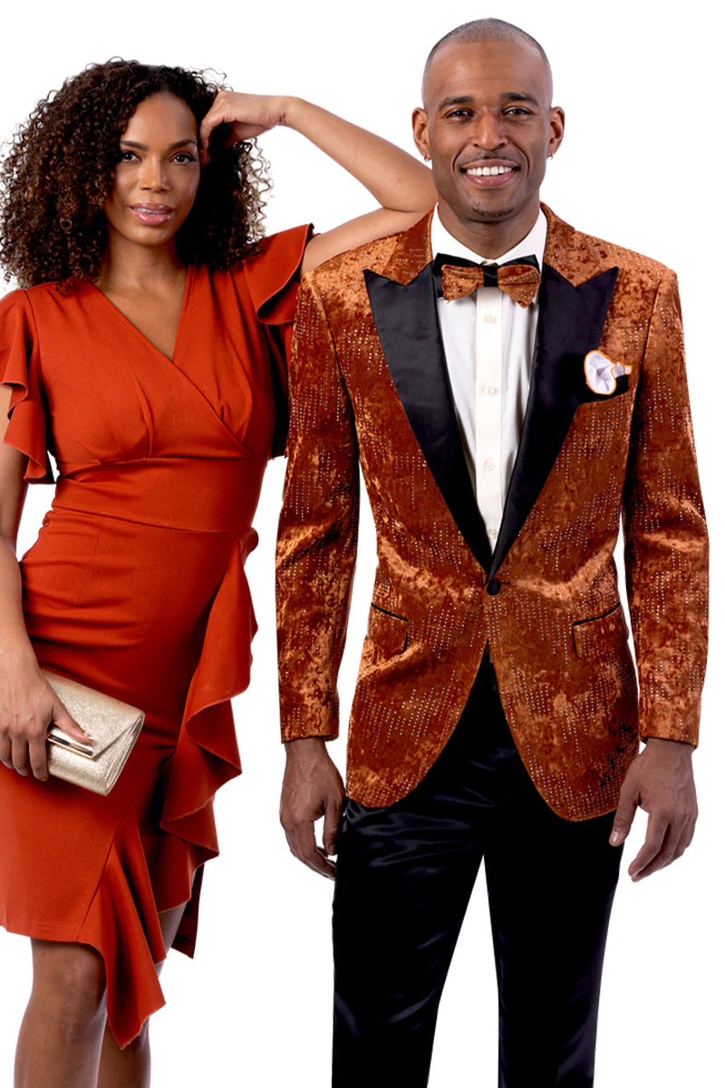 Mens Studded Velvet Prom & Wedding Tuxedo Jacket in Orange Rust