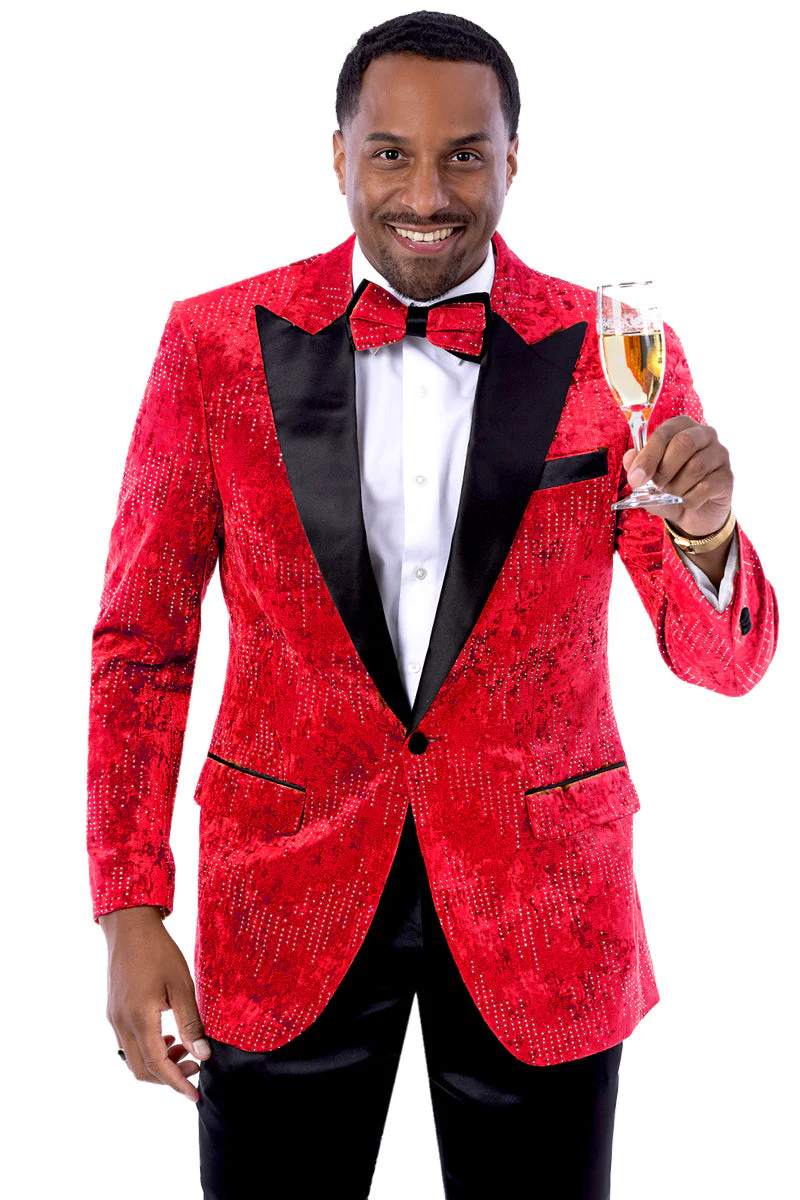 Mens Studded Velvet Prom & Wedding Tuxedo Jacket in Red