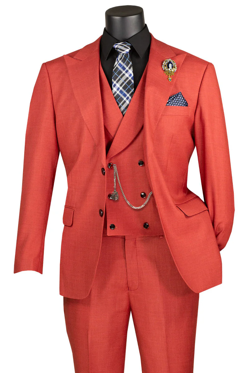 Men's Summer Sharkskin Suit with Double Breasted Vest in Brick Rust Red
