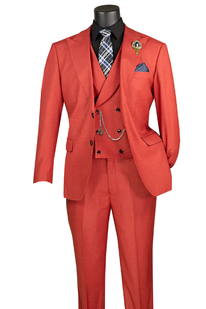 Men's Summer Sharkskin Suit with Double Breasted Vest in Brick Rust Red - Image 2