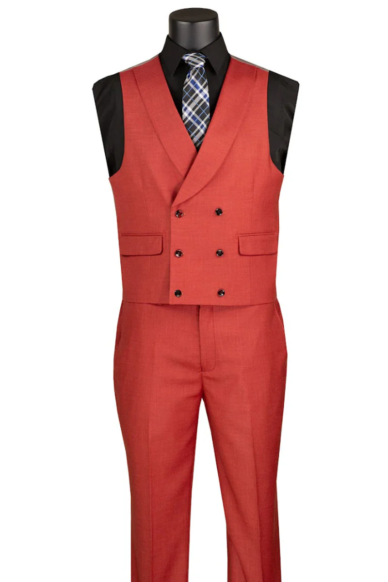 Men's Summer Sharkskin Suit with Double Breasted Vest in Brick Rust Red - Image 3