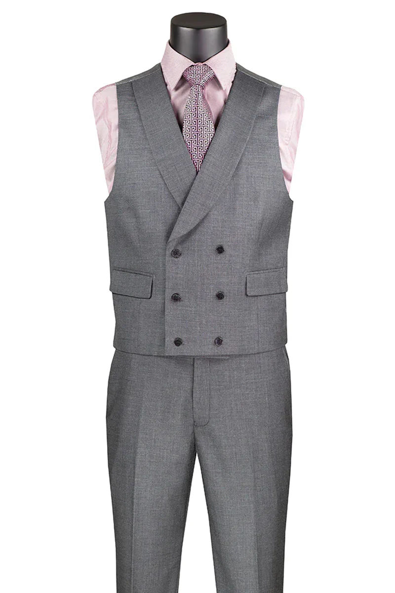 Men's Summer Sharkskin Suit with Double Breasted Vest in Charcoal Grey - Image 2