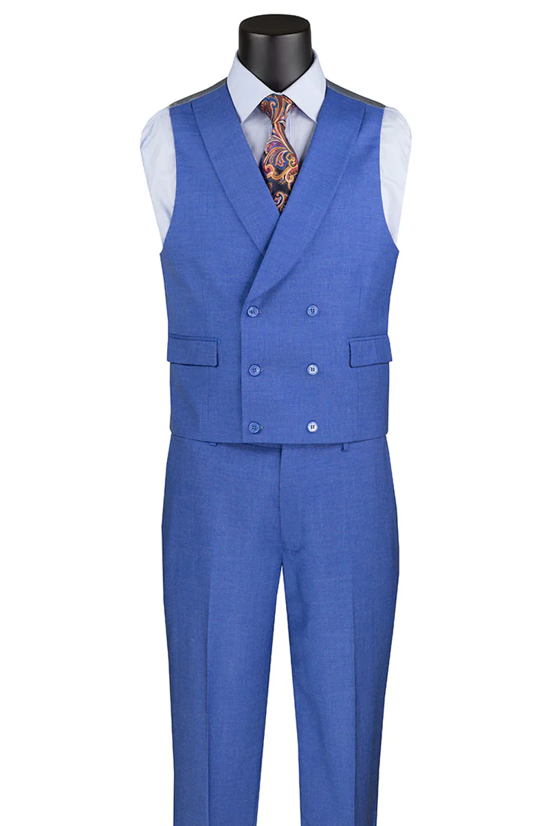 Men's Summer Sharkskin Suit with Double Breasted Vest in French Blue - Image 2