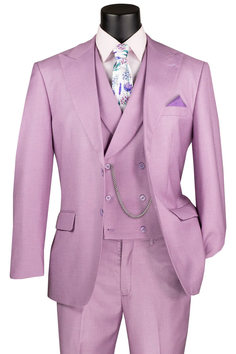 Men's Summer Sharkskin Suit with Double Breasted Vest in Lavender