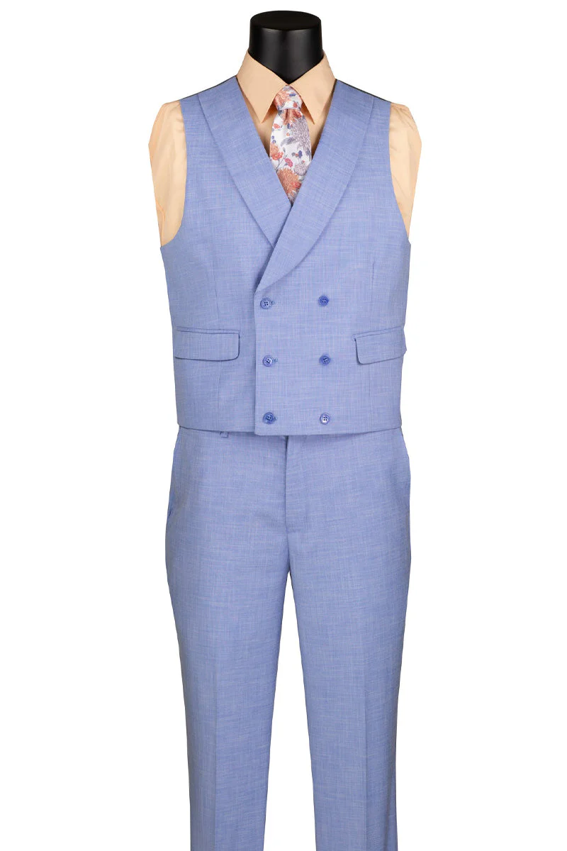 Men's Summer Sharkskin Suit with Double Breasted Vest in Light Blue - Image 3