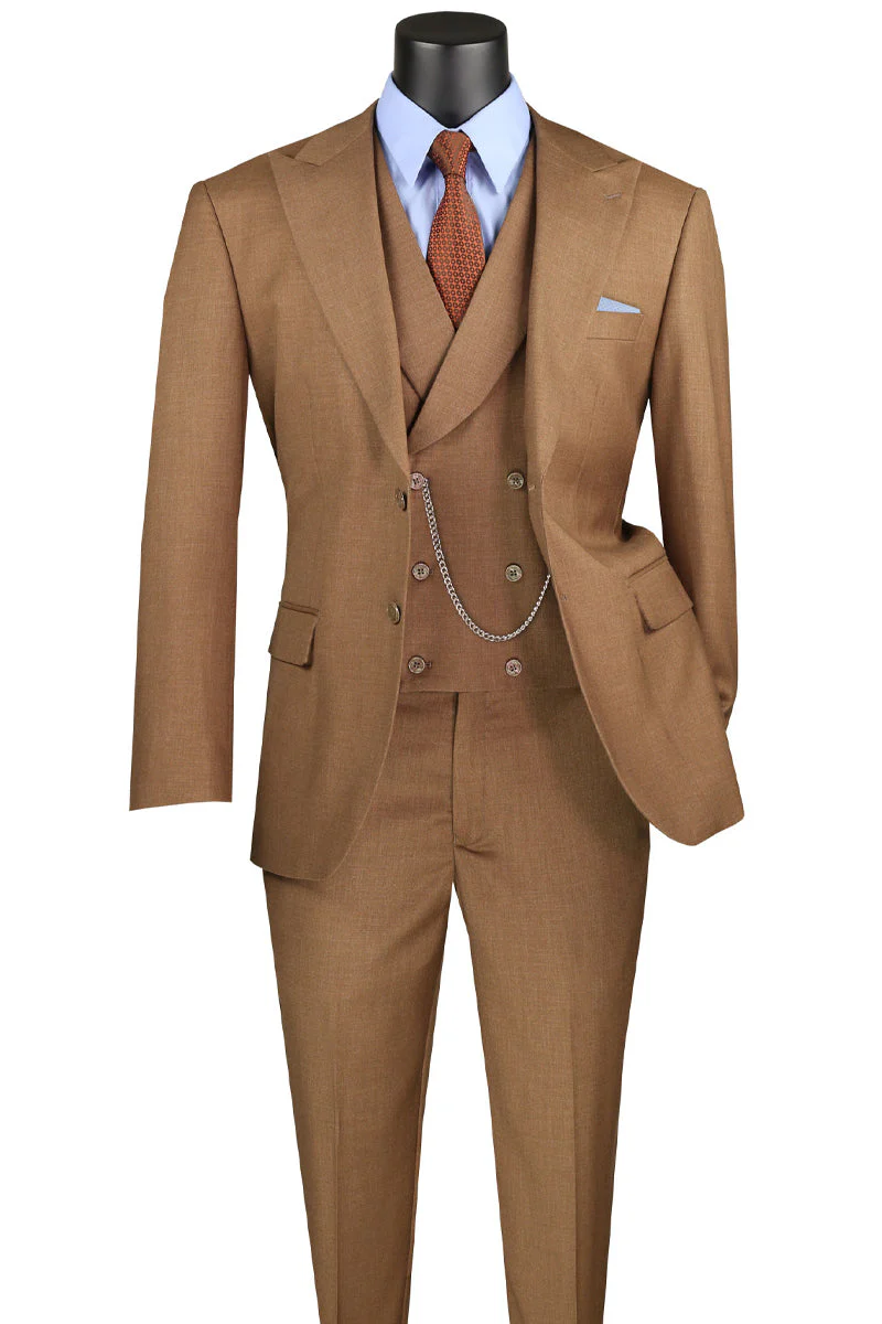 Men's Summer Sharkskin Suit with Double Breasted Vest in Light Brown - Image 2