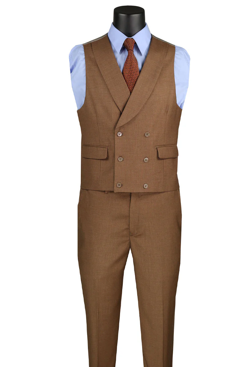 Men's Summer Sharkskin Suit with Double Breasted Vest in Light Brown - Image 3