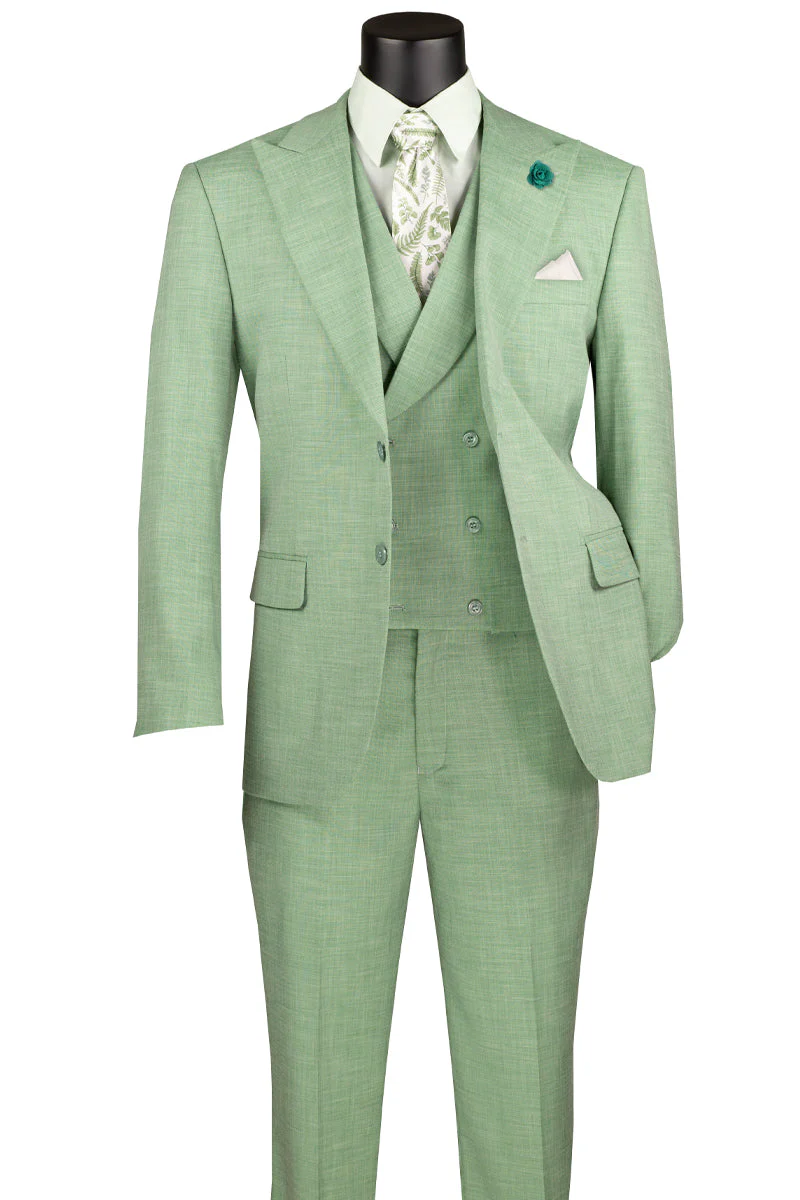Men's Summer Sharkskin Suit with Double Breasted Vest in Light Green - Image 2
