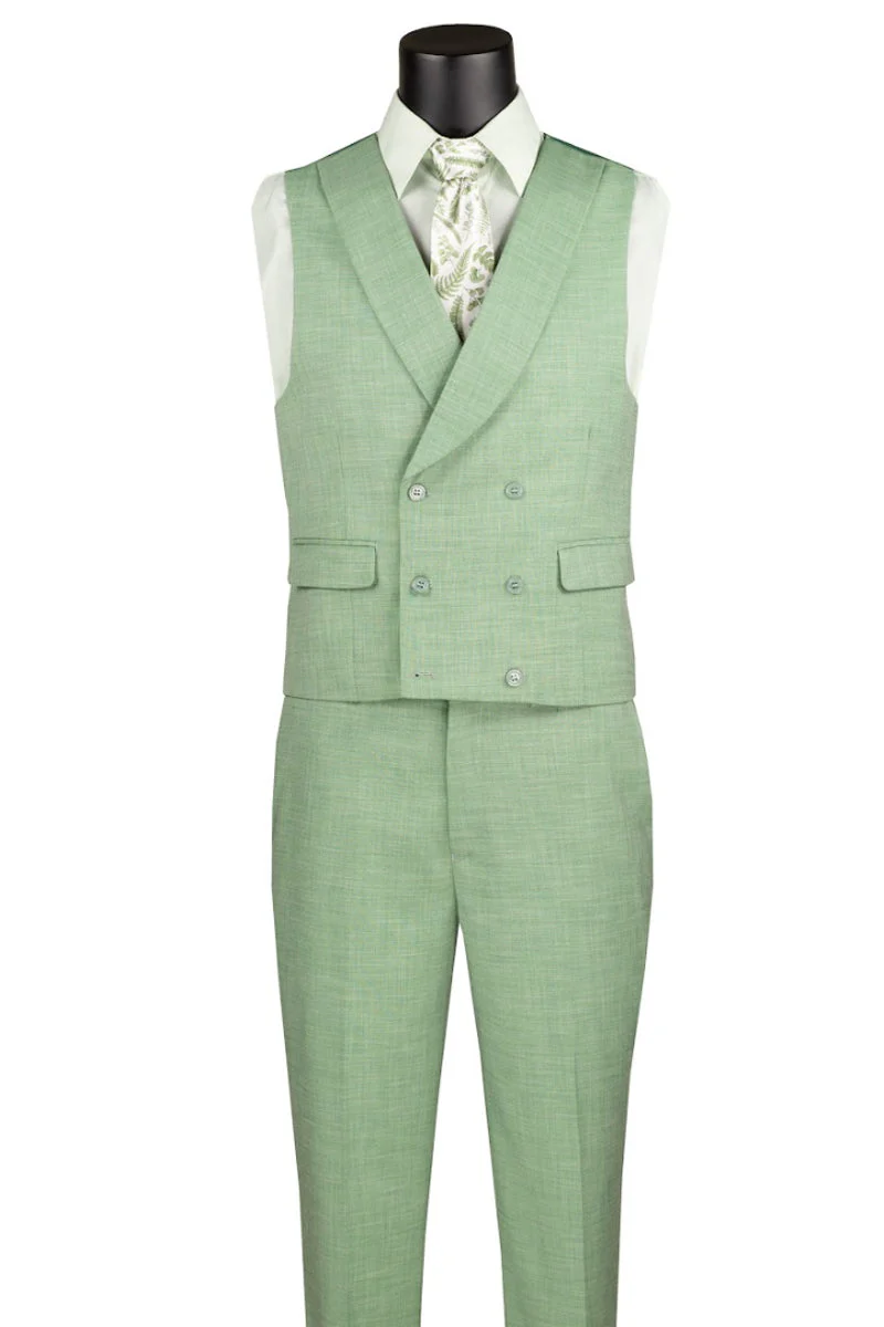 Men's Summer Sharkskin Suit with Double Breasted Vest in Light Green - Image 3