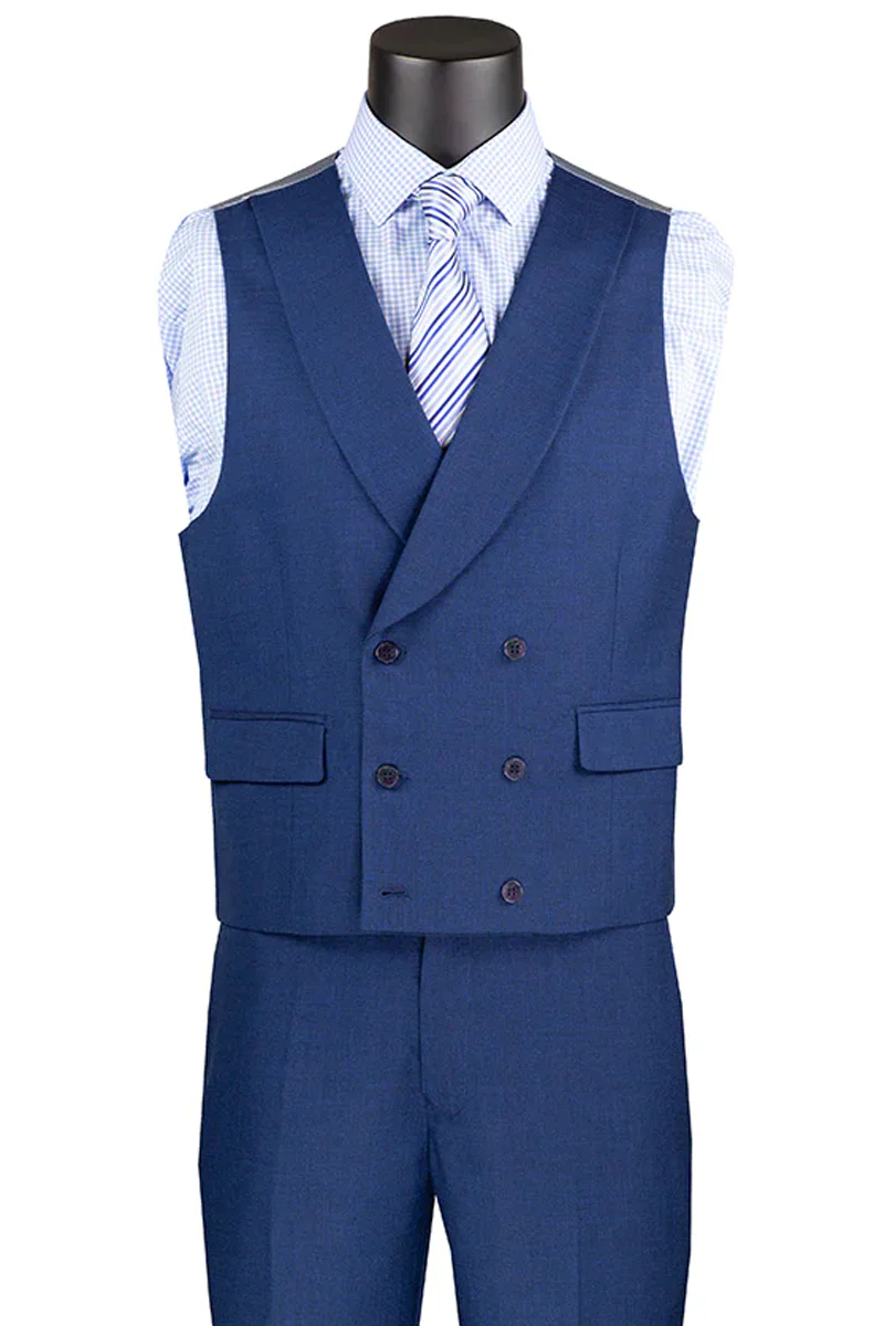 Men's Summer Sharkskin Suit with Double Breasted Vest in Navy Blue - Image 2