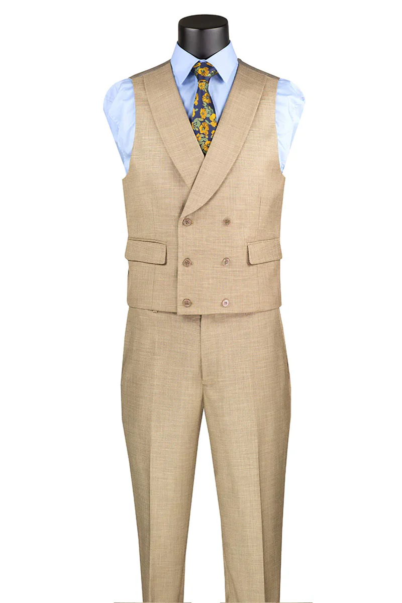 Men's Summer Sharkskin Suit with Double Breasted Vest in Tan - Image 2