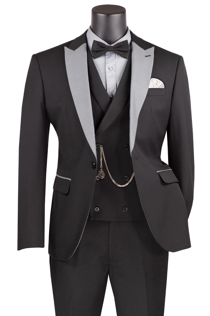 Men's Summer Slim Fit Peak Lapel Tuxedo Suit in Black