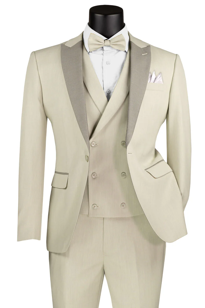 Men's Summer Slim Fit Peak Lapel Tuxedo Suit in Ecru Tan
