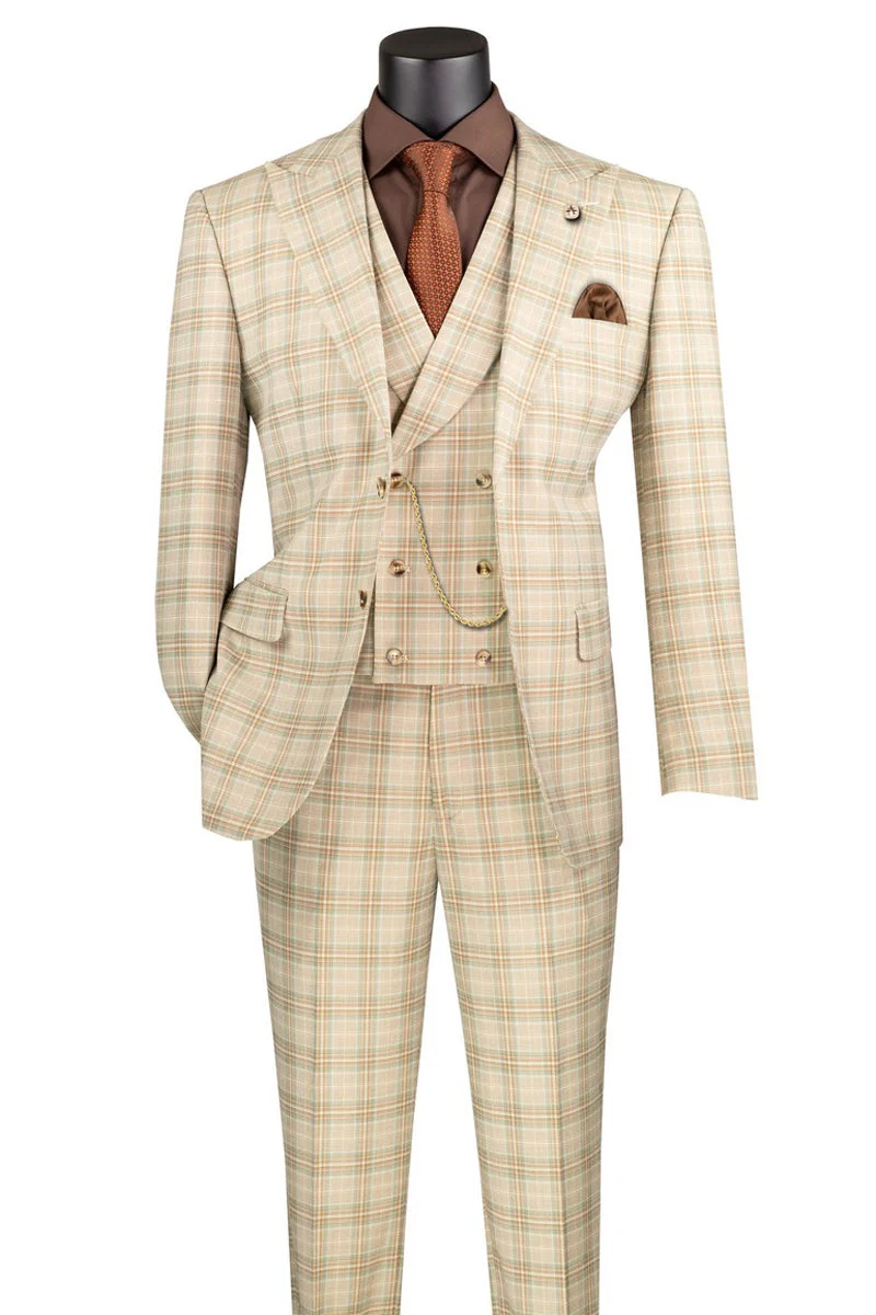 Men's Summer Windowpane Plaid Suit with Double Breasted Vest in Khaki Tan - Image 2