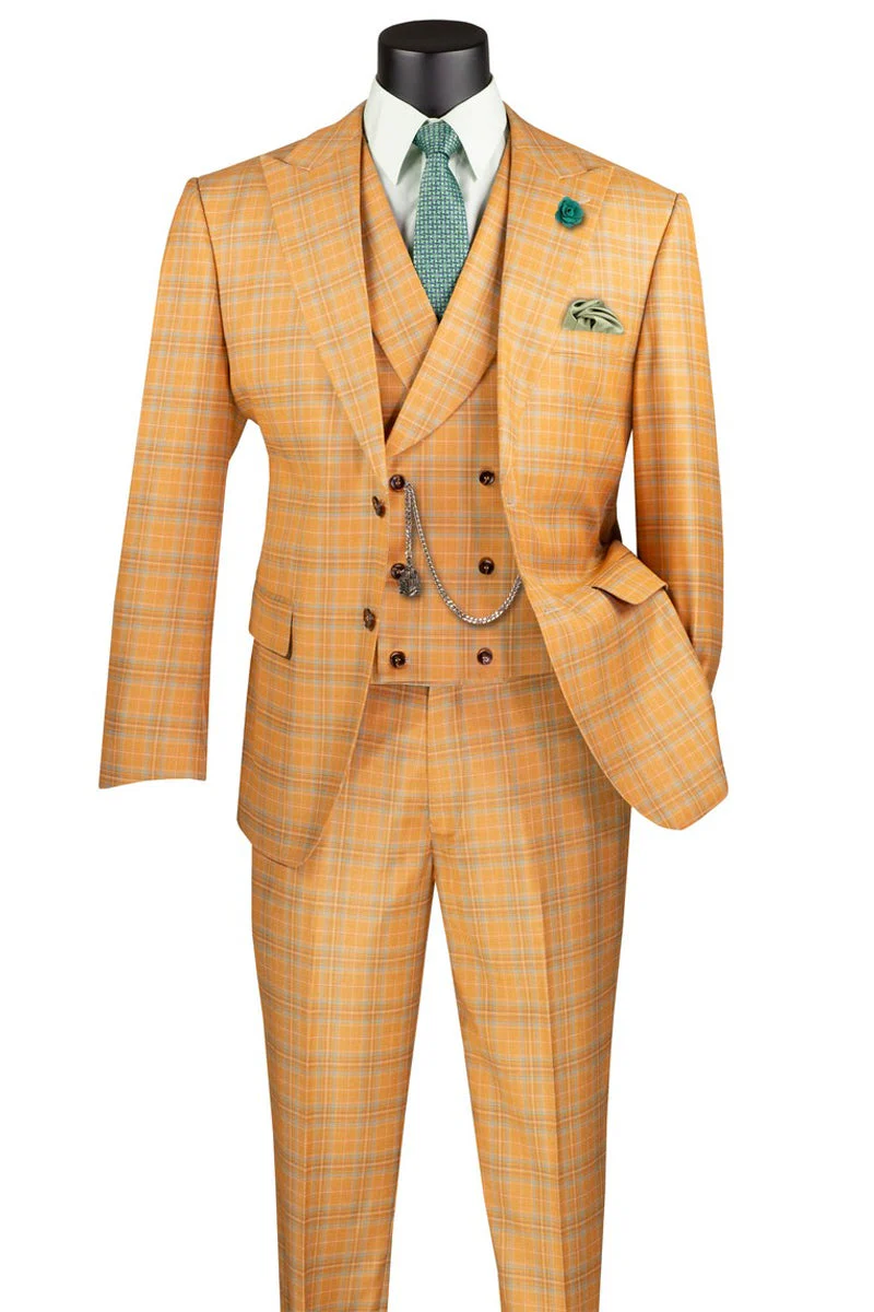 Men's Summer Windowpane Plaid Suit with Double Breasted Vest in Orange - Image 2