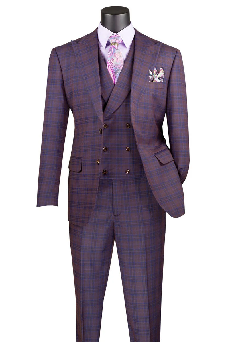 Men's Summer Windowpane Plaid Suit with Double Breasted Vest in Purple - Image 2
