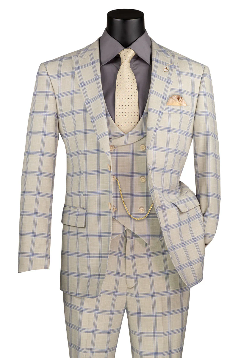 Men's Summer Windowpane Suit with Double Breasted Vest in Light Beige